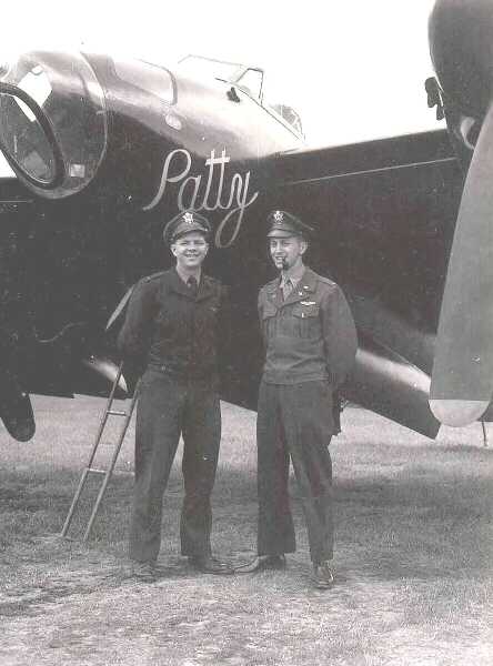 Mosquito "Patty" with Navigator Edward P. Kolawski on the left and Pilot James G. Kuntz on the right