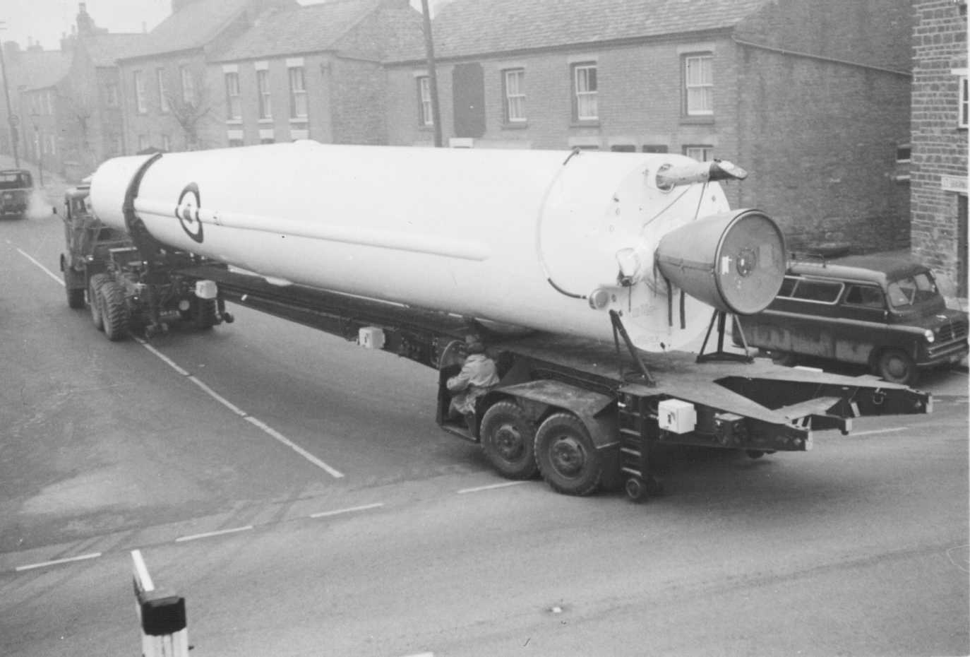 Thor missile Number 51 on its launching trailer in Harrington Road at Rothwell