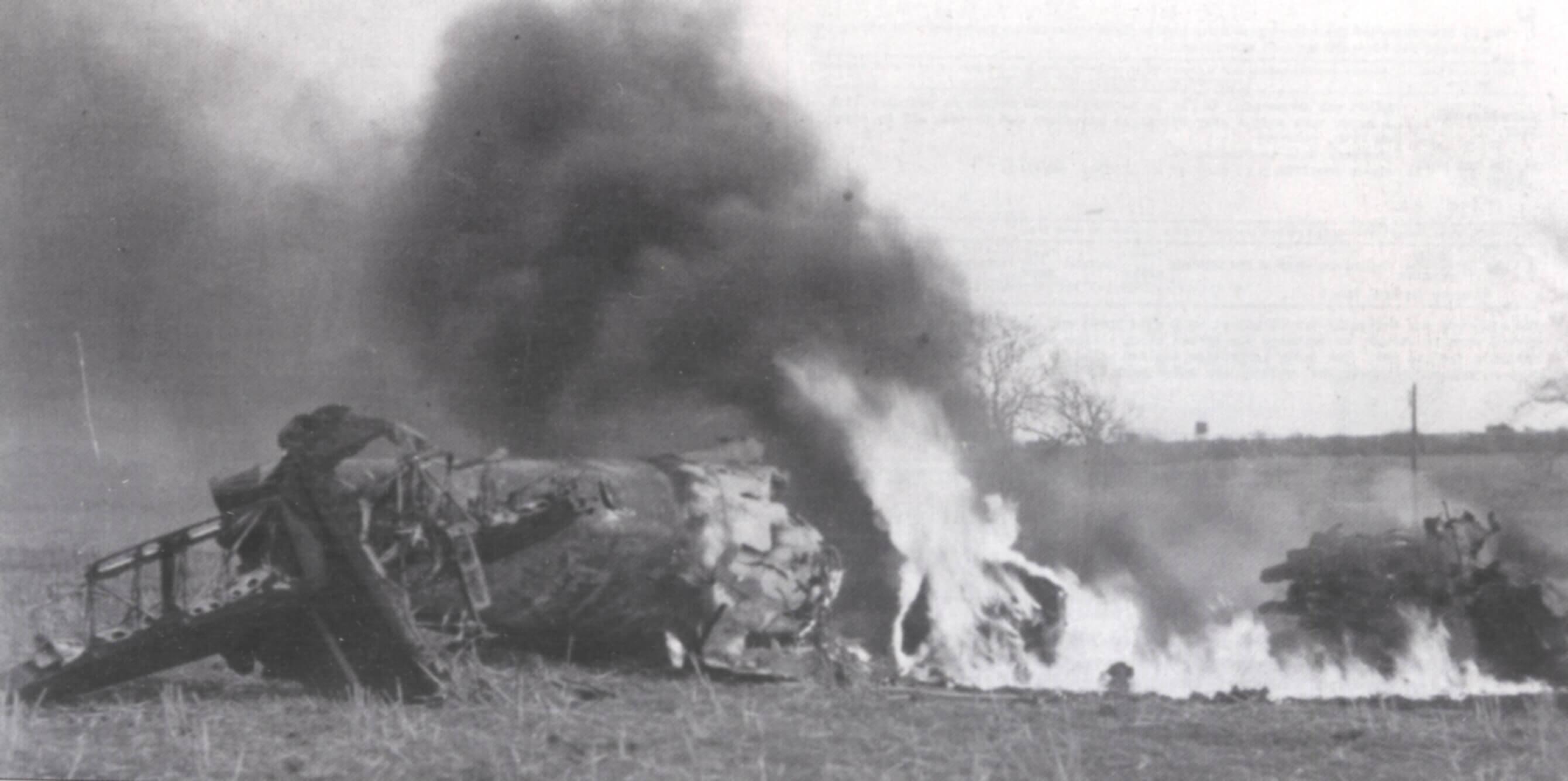 Burning remains of F/Sgt Prusaks Spitfire